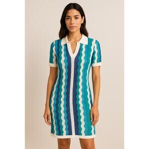 Tuckernuck Hyacinth House Aqua Wavy Sammie Blue White Coastal Mini Dress Size M
